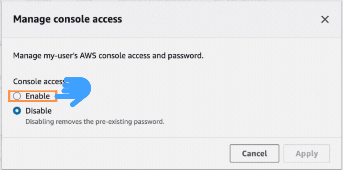 Clicking on the console access from 