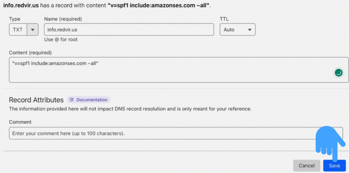 Saving all five records from the "Create Identities" page to the "DNS records."