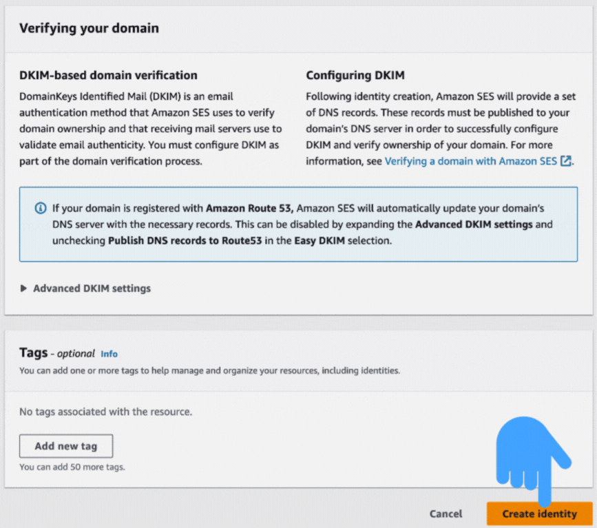 Clicking on the :create Identity" button. 