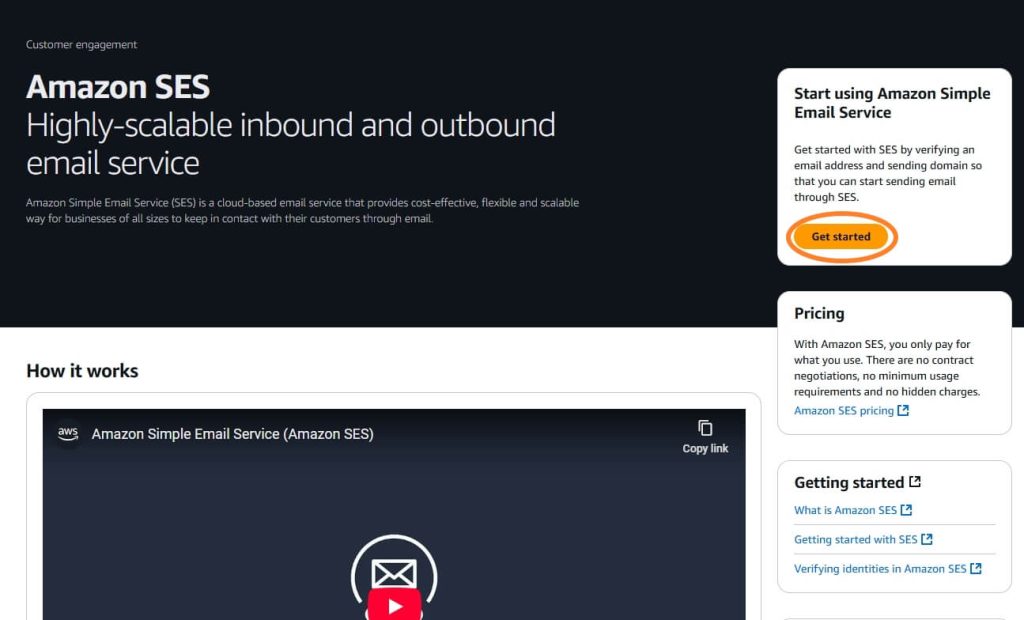 AWS ses homepage