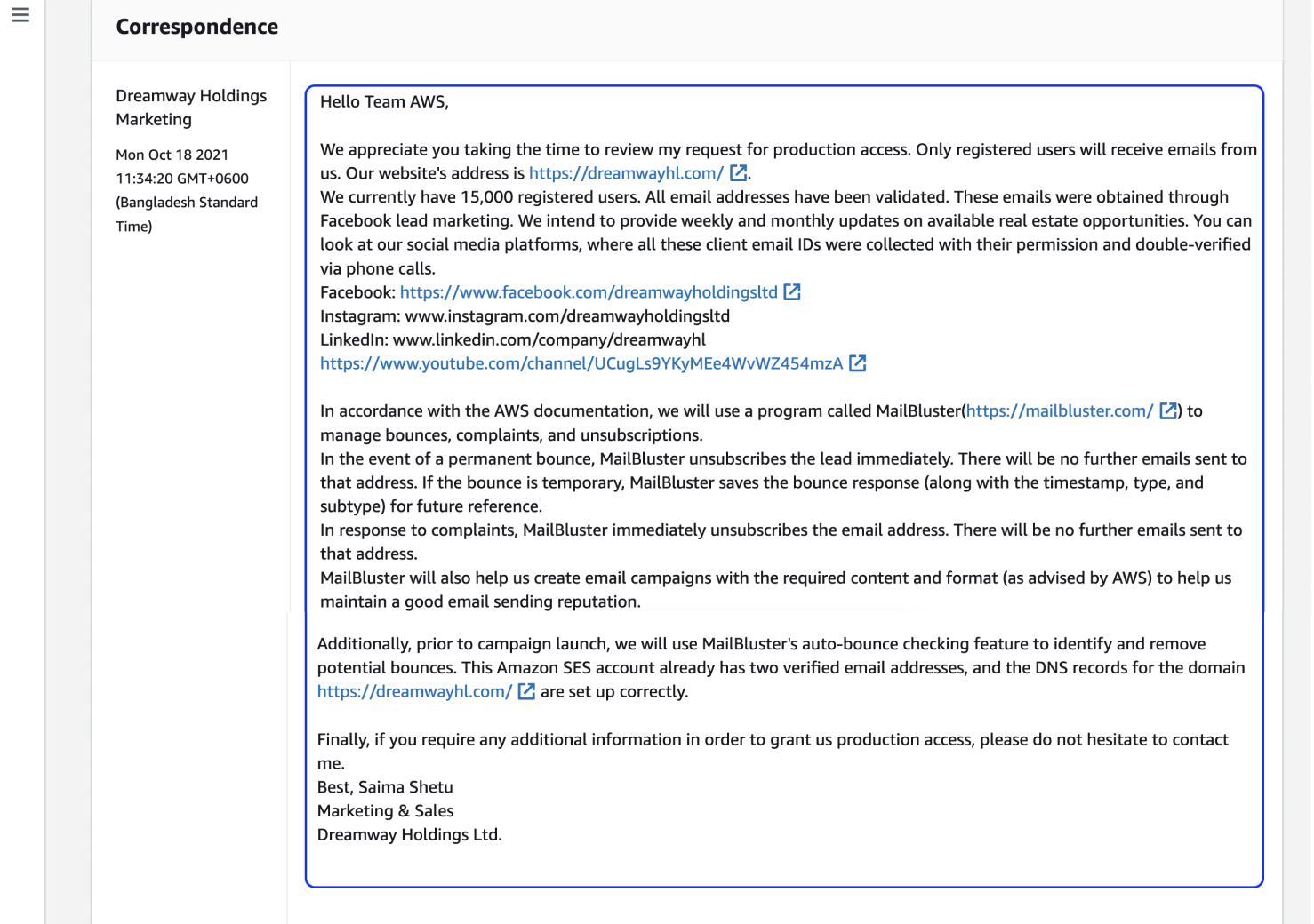 Correspondence email. 
