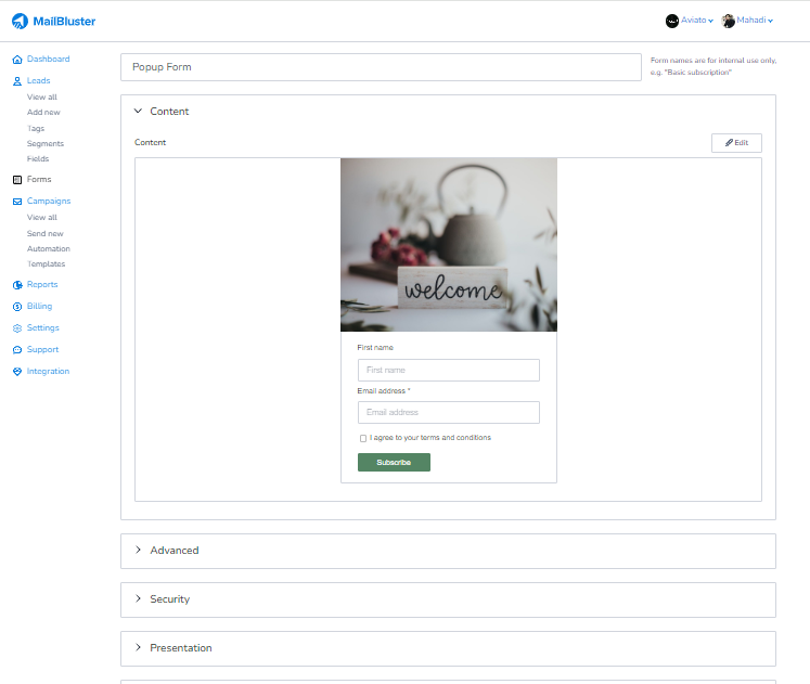 MailBluster popup form editing