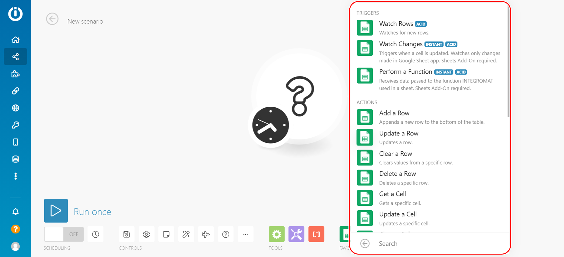 A list of available modules will be shown, including triggers, actions, iterators, and more.