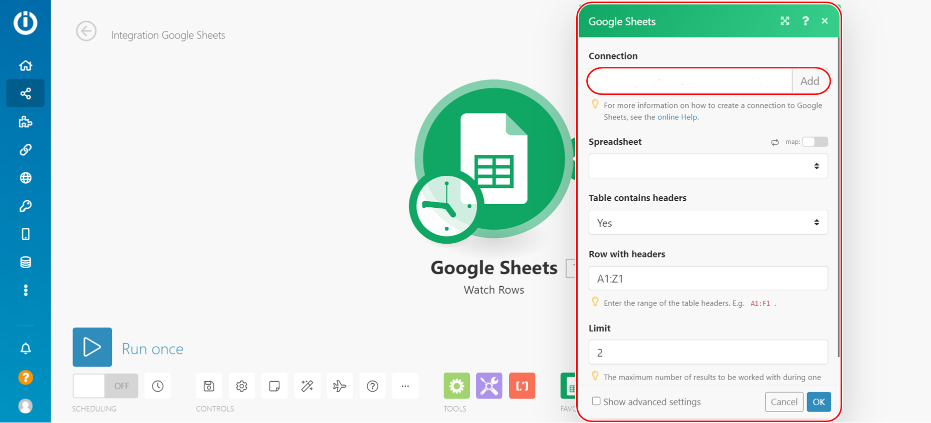 A setup to connect your google account that contains the sheet you want to import leads from.