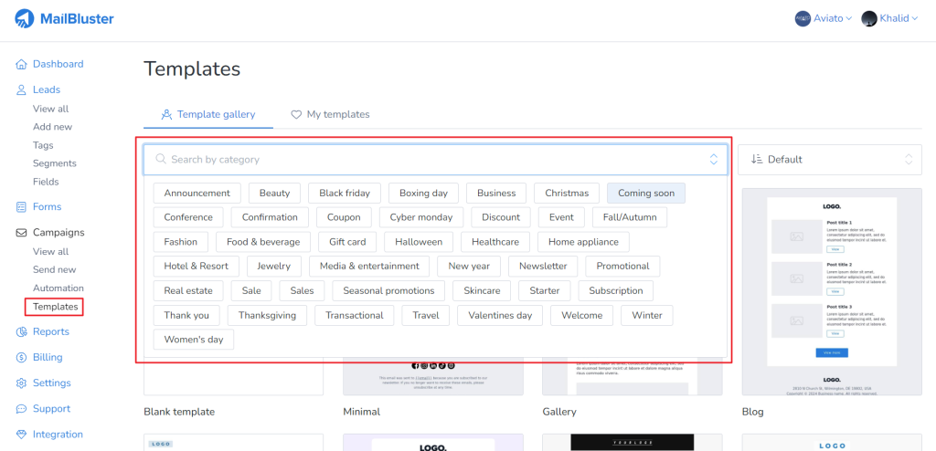 You can look for templates by category using the search.