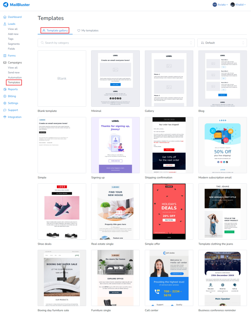 Predefined email templates in the Template gallery.